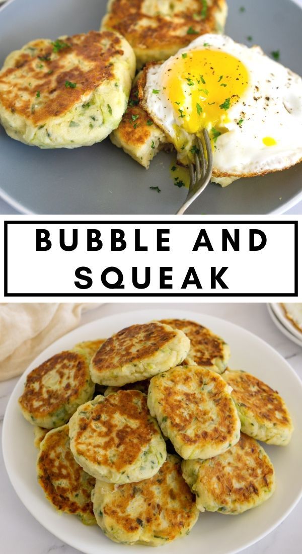 some pancakes and eggs are on a white plate with a fork next to it, along with the words bubble and squeak