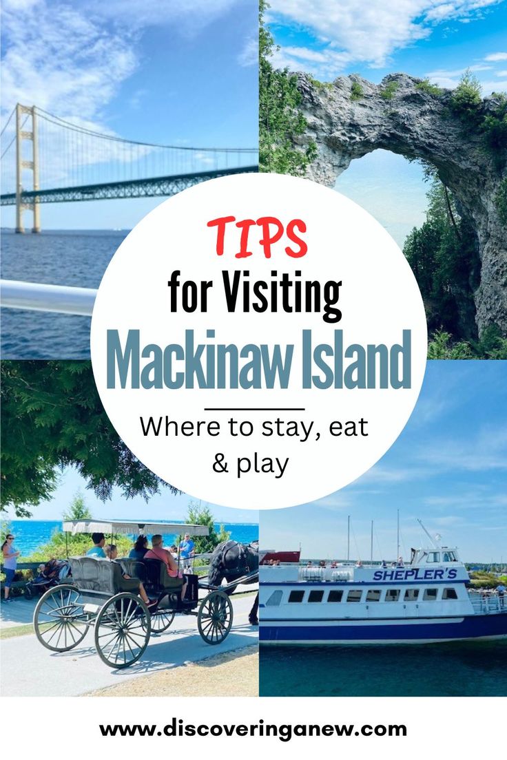 the mackinaw island with text overlay that reads tips for visiting mackinaw island where to stay, eat and play