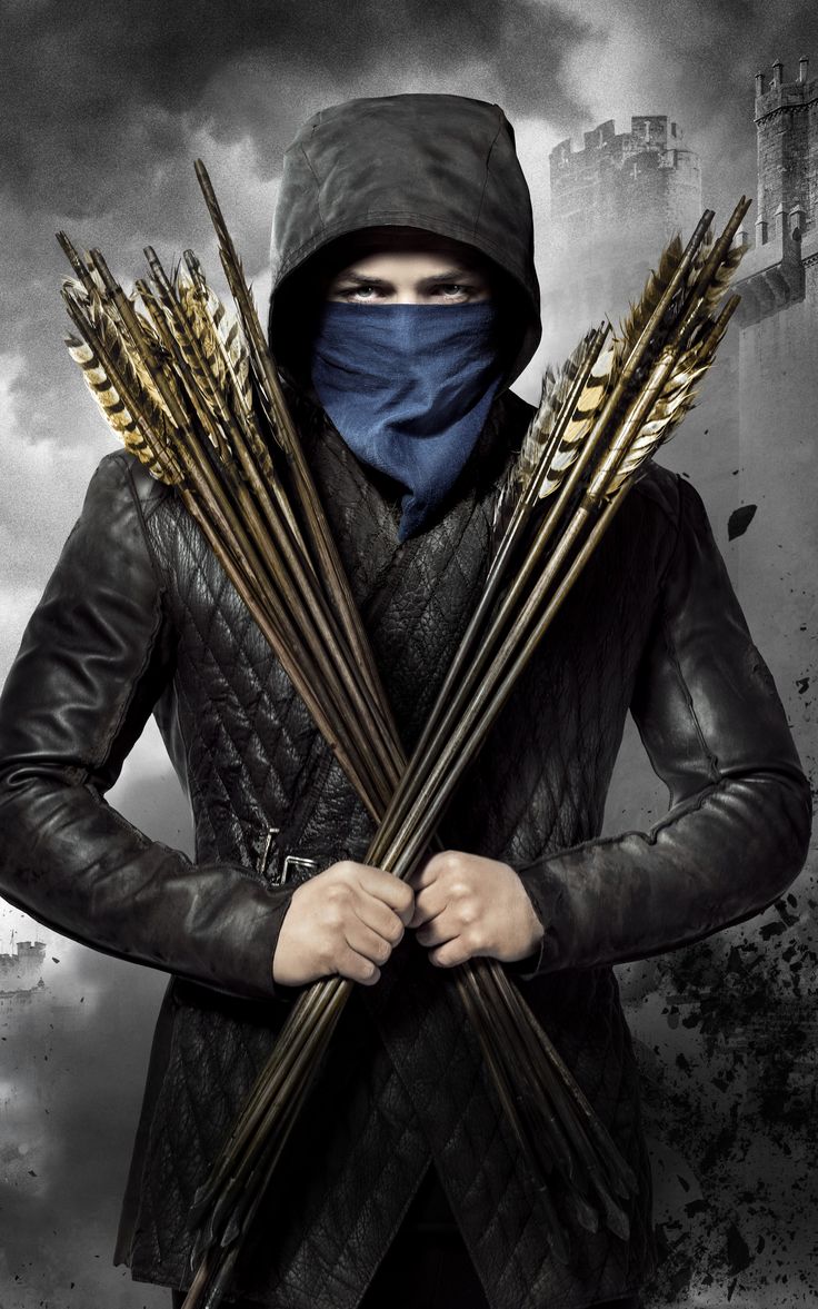 a man wearing a hood and holding two arrows in front of his face with the words,