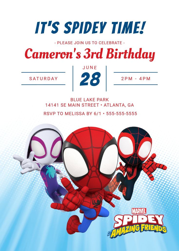 spiderman birthday party flyer with three cartoon characters