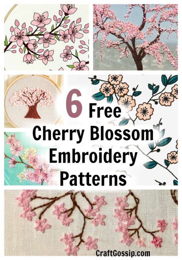 six cherry blossom embroidery patterns with text overlay that says 6 free cherry blossom embroidery patterns