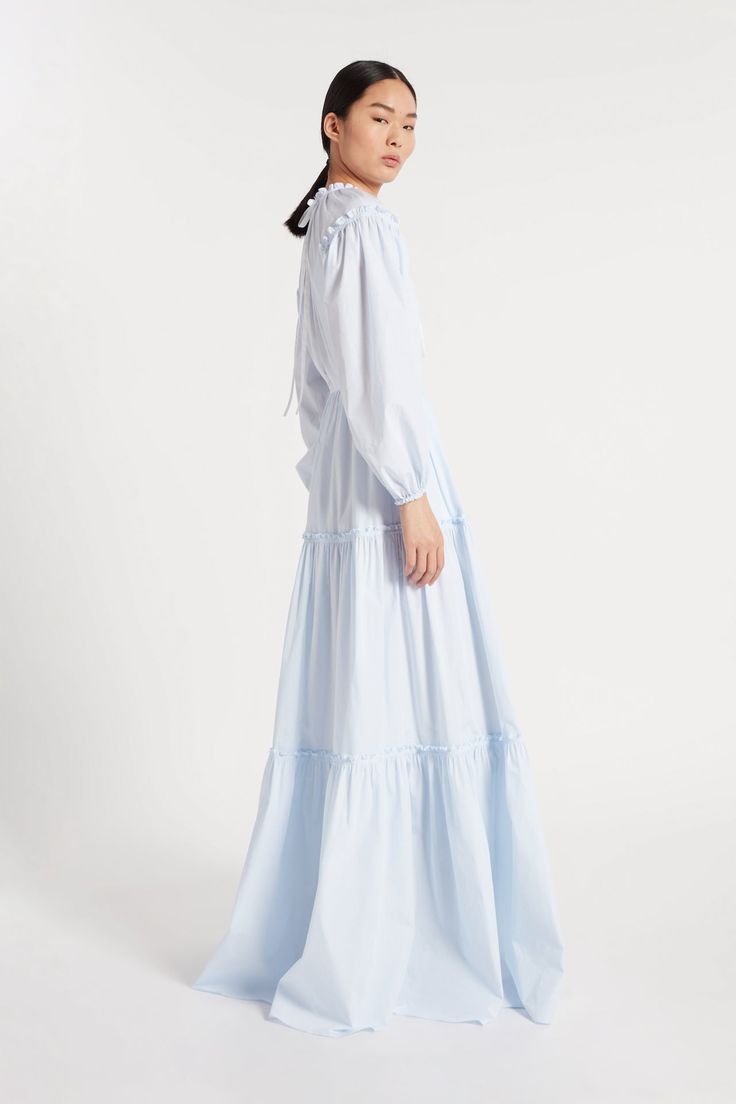 Long pale blue and white fine stripe cotton dress with built in slip. Ruffled tie neck, ruffled sleeve detail with elastic cuff, open back and tiered. Gathered skirt. Duchess Satin, Silk Taffeta, Couture Details, How To Clean Iron, Gathered Skirt, Circle Skirt, Funnel Neck, Tie Neck, Sleeve Detail