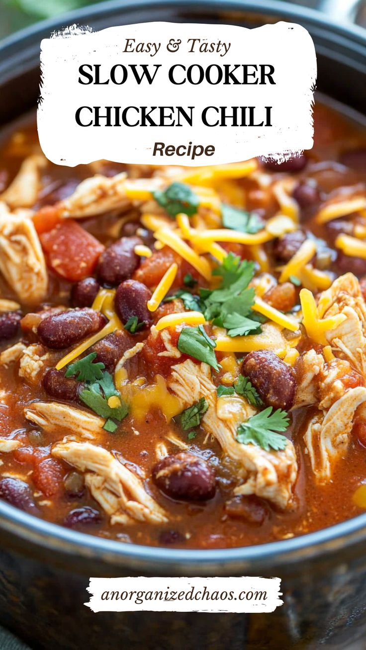 easy slow cooker chicken chili recipe in a bowl with the title text overlay