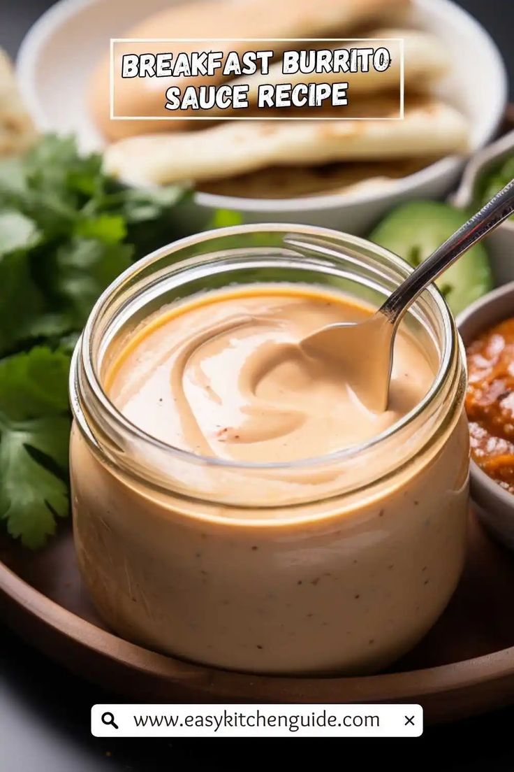 a spoon is in a jar with sauce on it next to some pita bread