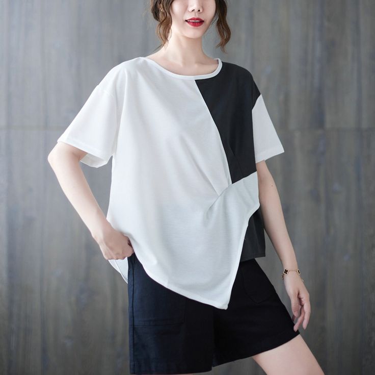 Sku CY-!119077 Material Cotton Style Loose Feature Splicing Neckline Round Occasion Going out, Casual, Vintage Seasons Spring, Summer, Autumn Type T-Shirt Color White, Black, Blue Size One size Size Chart: Please consult the size chart we provide for this item's measurements to help you decide which size to buy. Please note: There may be 1-3cm differ due to manual measurement. CM Bust Shoulder Sleeve Length One size 120 54 17 62 Casual White Patchwork T-shirt, Casual White Spliced T-shirt, Spring White T-shirt With Contrast Color, White Patchwork Crew Neck Blouse, White Crew Neck Blouse With Patchwork, White Short Sleeve Blouse With Patchwork, Casual White Tops With Splicing, Casual White Spliced Tops, White Color Block T-shirt For Spring