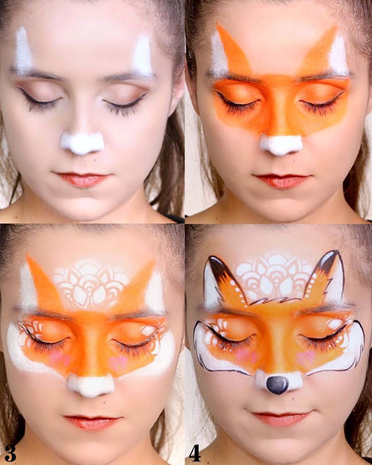 Mandala Fox face paint step by step. Watch the face paint tutorial on YouTube. Link is attached. Face Painting Design Board, Woodland Animal Face Paint, Face Paint Step By Step Easy, Face Paint Tutorial Step By Step, Face Painting How To Step By Step, Harvest Face Painting Ideas, Face Painting Step By Step Easy, Step By Step Face Painting Easy, Fox Face Paint Easy