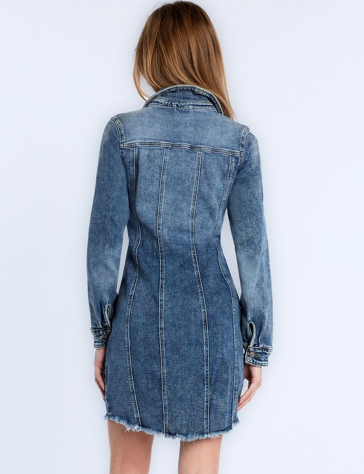 Super-flattering Denim Corset Zip Dress from Wash Lab. Super versatile, wear it open as a jacket or a sexy dress. The model is 5'9" wearing a size small Fitted Long Sleeve Denim Jacket For Summer, Chic Fitted Denim Jacket With Long Sleeves, Fitted Medium Wash Denim Dress For Spring, Fitted Denim Blue Dress With Pockets, Chic Long Sleeve Denim Dress For Casual Wear, Denim Long Sleeve Jacket For Night Out, Chic Medium Wash Mini Dress For Fall, Fitted Knee-length Denim Dress For Spring, Knee-length Denim Mini Dress For Fall