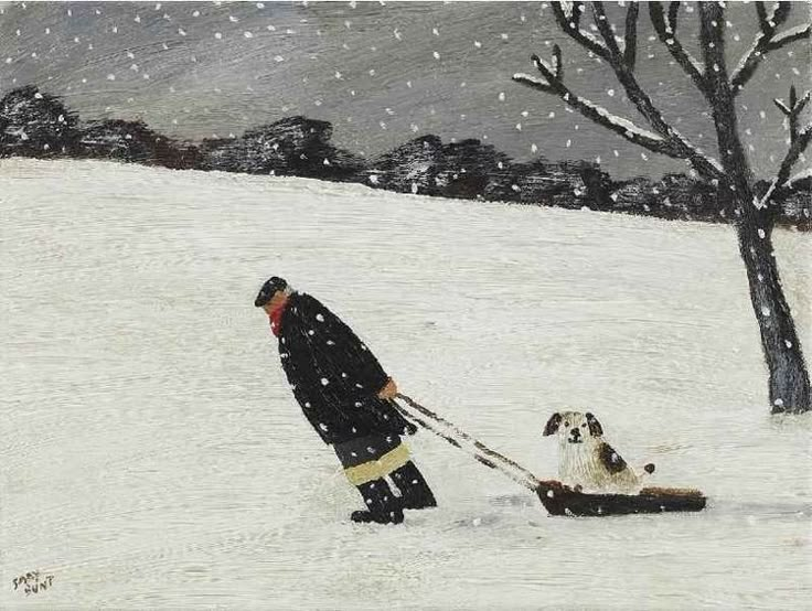 a painting of a man pulling a dog in the snow