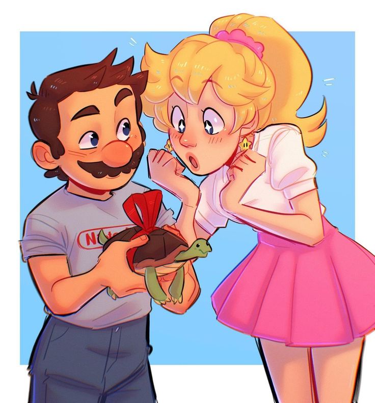 a man holding a turtle next to a woman in a pink dress and white shirt