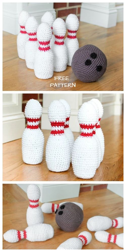 crocheted bowling ball and pins sitting on the floor