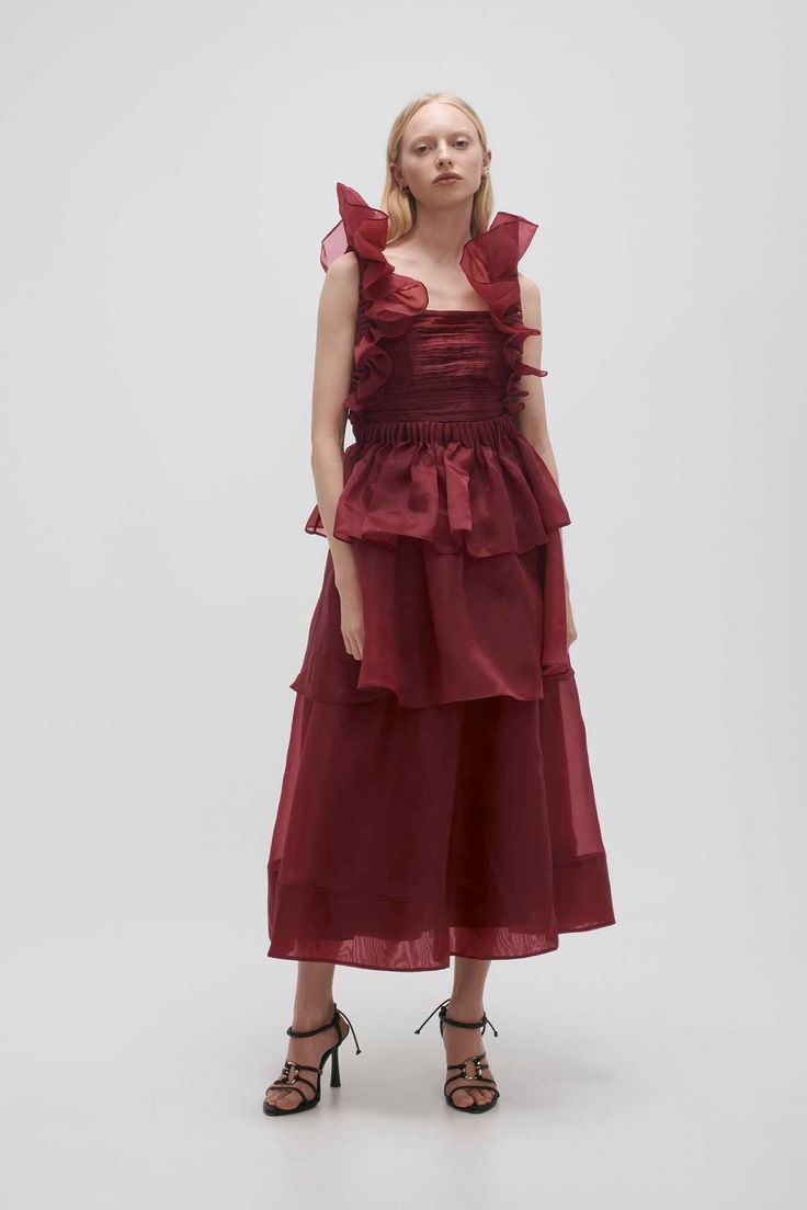 Asra Pleated Frill Midi Dress | Mahogany Red | Aje – Aje World Dress Half Sleeve, Organza Skirt, Knit Jumpsuit, Frill Dress, Tiered Midi Dress, Ruched Bodice, Denim Accessories, Line Shopping, Red Midi Dress