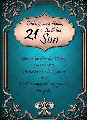 a blue and gold birthday card with the words, wishing you a happy 21st son