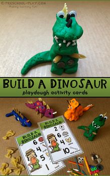 this is an image of build a dinosaur playdough activity cards with pictures and instructions