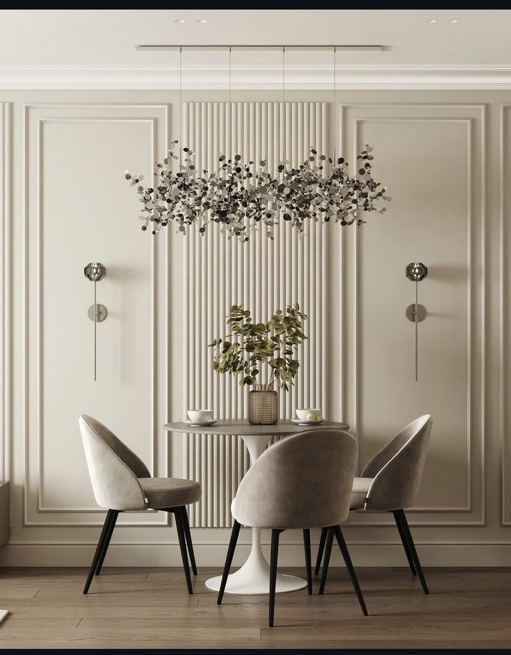 an elegant dining room with white walls and chairs