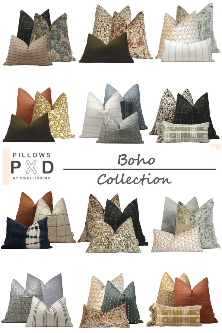 the boho collection pillows are all different colors and sizes