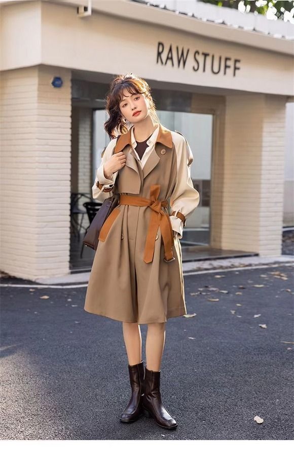 Mid-length Khaki Trench Coat With Belt on Luulla Knee-length Belted Outerwear For Work, Classic Knee-length Spring Outerwear, Business Knee-length Winter Outerwear, Knee-length Fall Outerwear With Pockets, Beige Office Lady Outerwear For Office, Fall Knee-length Single-breasted Outerwear, Single-breasted Knee-length Outerwear For Fall, Fall Outerwear With Pockets For Office, Knee-length Single Breasted Outerwear For Fall