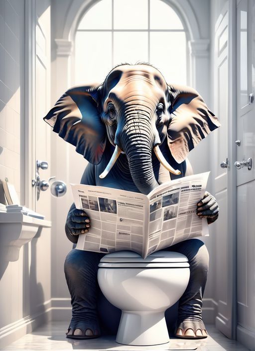 an elephant sitting on top of a toilet while reading a newspaper with its trunk up