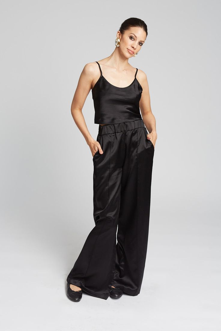 Shop SPRWMN Wide Leg Pant w Pintucks Black 100% Silk Trousers Bottoms Womenswear French Designer Made in Los Angles Sleek Wide Leg Evening Pants, Sleek Wide Leg Pants For Evening, Sleek Silk Wide Leg Pants, High-waisted Silk Wide Leg Pants For Evening, Silk High-waisted Wide Leg Pants For Evening, Silk High-waisted Wide Leg Evening Pants, Sleek Silk High-waisted Wide Leg Pants, Sleek Wide-leg Silk Pants, Sleek Silk Wide-leg Pants