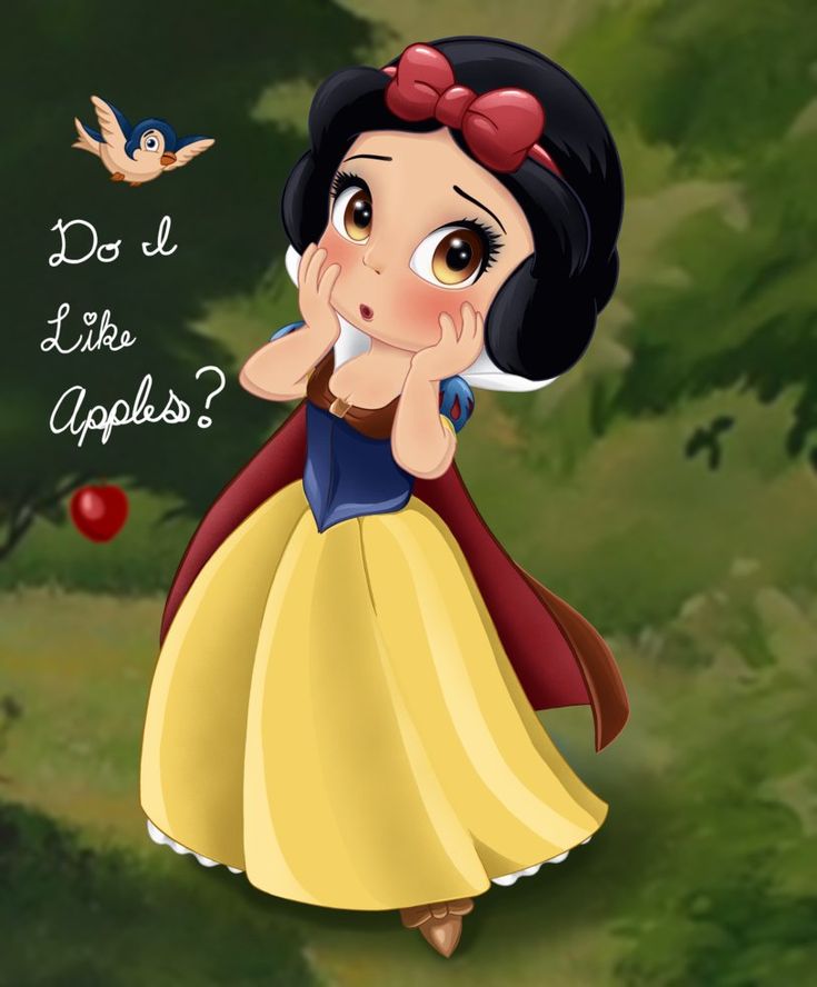 snow white is looking at an apple in front of some trees with the words do i like apples?