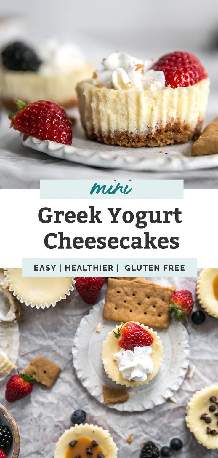 mini greek yogurt cheesecakes with berries and crackers on the side