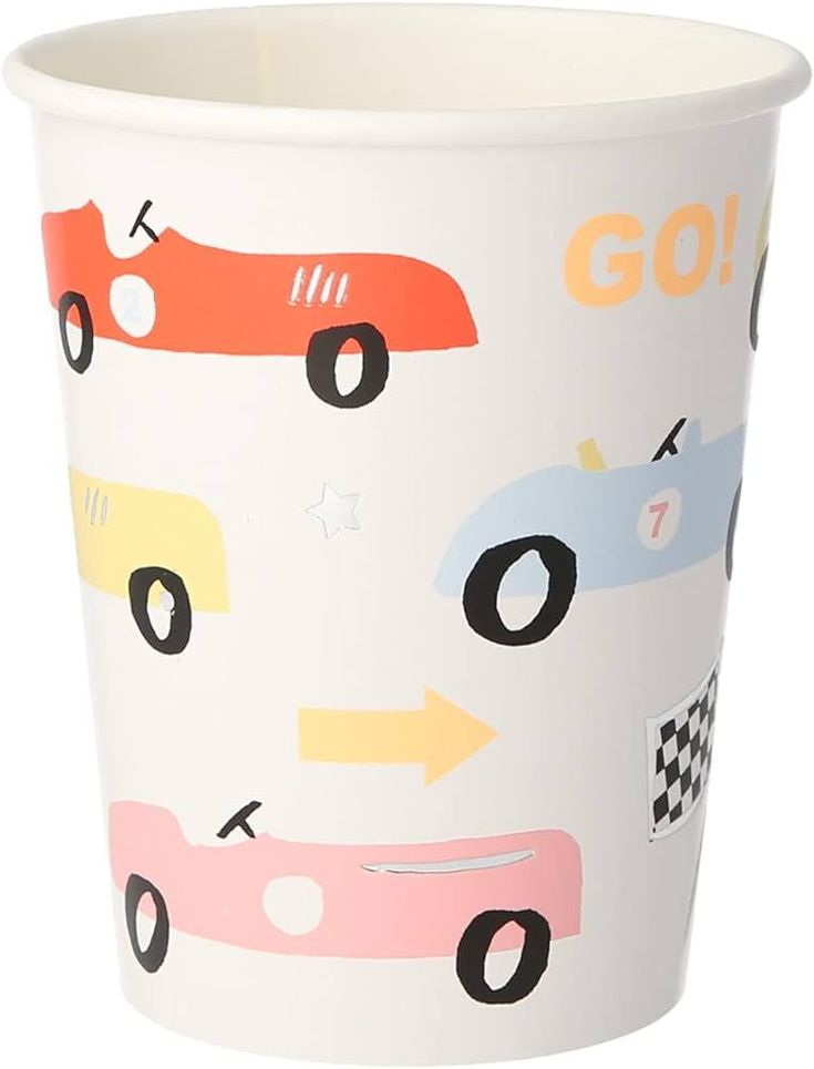 a paper cup with cars on it