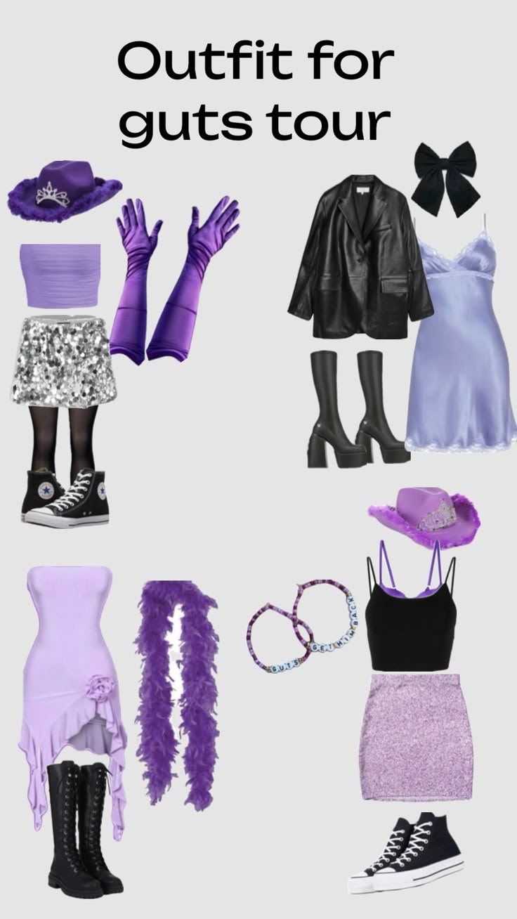 an assortment of clothes and accessories are shown in this image with the words outfit for guts tour