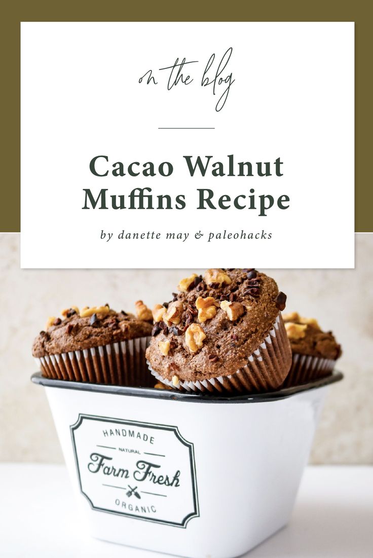 chocolate muffins in a white bowl with the title in the background that reads, in the buff caco walnut muffin's recipe