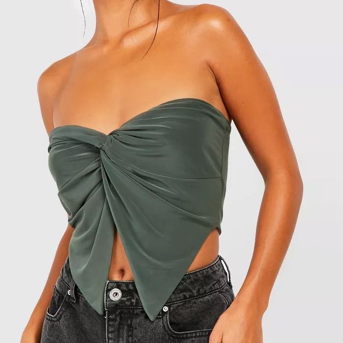 Boohoo Slinky Twist Front Bandeau - Nwt Color: Khaki. Size Us 4/S Trendy Bandeau Top For Party, Trendy Bandeau Top For Evening, Trendy Bandeau Party Top, Green Strapless Tube Top For Night Out, Stretch Crop Top Tube Top For Party, Trendy Stretch Tube Top For Evening, Trendy Green Bandeau Tube Top, Trendy Strapless Halter Top For Party, Green Fitted Bandeau Halter Top