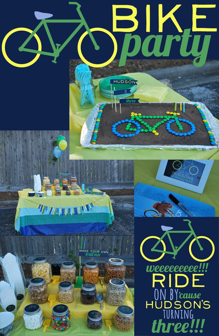 there is a bike party with food and decorations on the table in front of it