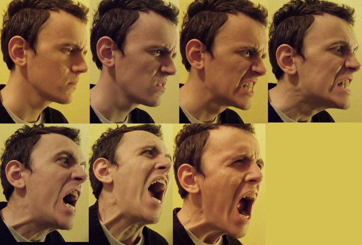 multiple images of a man with his mouth open