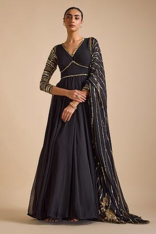 Black anarkali featuring sequin bead fringed bodice borders, highlighted by sequin stripe sleeves. Comes with sequin stripe pattern dupatta. - Aza Fashions Traditional Evening Anarkali Set With Sequins, Traditional Anarkali Set With Mirror Work For Evening, Anarkali Evening Dupatta With Mirror Work, Traditional Evening Anarkali Set With Mirror Work, Bollywood Anarkali Set With Mirror Work For Evening, Embellished Anarkali Set For Evening, Evening Anarkali Set With Cutdana Details, Evening Anarkali Set With Cutdana, Fitted Anarkali Set With Sequins