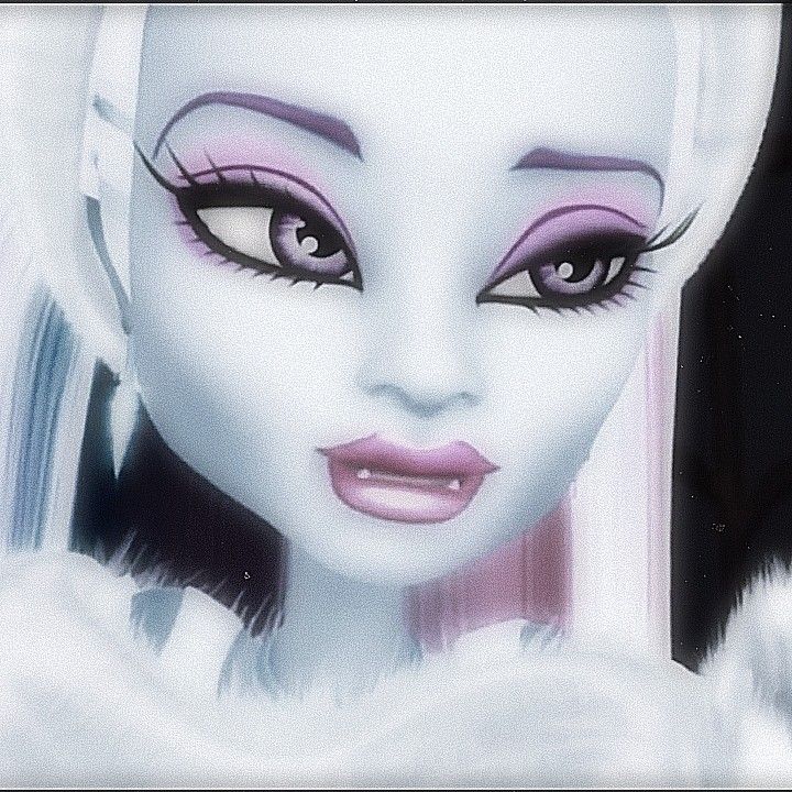 a close up of a doll with white hair and pink eyeliners on her face