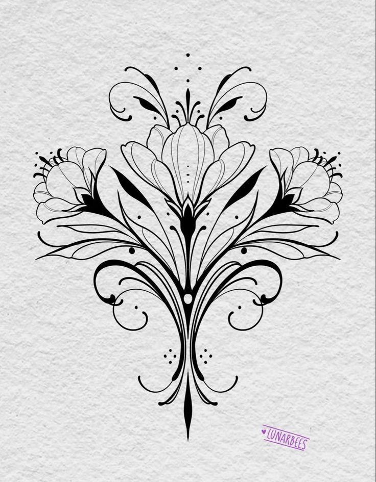 a black and white drawing of flowers with swirls on the bottom, in front of a