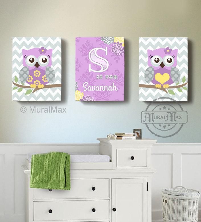 Lilac Owl Nursery Decor - Personalized Canvas Wall Art - Purple & Gray Owl Collection - Set of 3-MuralMax Interiors Purple Baby Nursery, Owl Nursery Art, Owl Nursery Decor, Woodland Nursery Art, Owl Canvas, Owl Nursery, Nursery Canvas, Chevron Wall