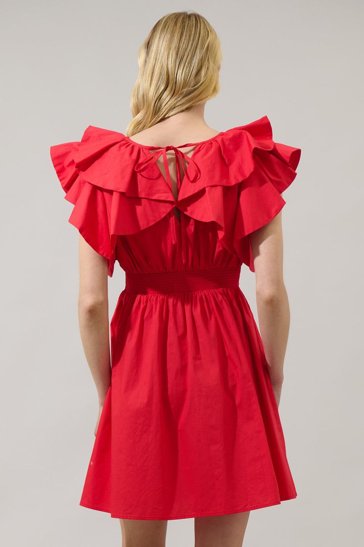 Make your day date extra cute with the Wilma Ruffle Mini Dress! Layered ruffles on the shoulders are followed by a split neckline. The smocked waistband and back tie make it easier to get in and out. Pair it with strappy heels and a wide sun hat for an effortless summer look.- Ruffles- Split neck- Pockets- Smocked- Comes in 2 colorsSize + Fit - Model is 5'8" and wearing size XS- Measurements taken from size S - Chest: 17 3/4"- Length: 35 1/2" Fabric Self:100%Cotton Style Number STD14197SDR Chic V-neck Smocked Dress With Ruffles, Chic Smocked Ruffle Dress For Date Night, Chic Ruffled Smocked Dress For Date Night, Chic Smocked Dress With Ruffles For Date Night, Flirty Smocked Dress With Ruffles For Day Out, Chic Smocked Dress With Ruffle Hem For Day Out, Chic Ruffle Dress With Smocked Bodice, Chic Mini Dress With Smocked Bodice And Ruffled Straps, Daywear Dresses With Gathered Neckline And Ruffled Straps