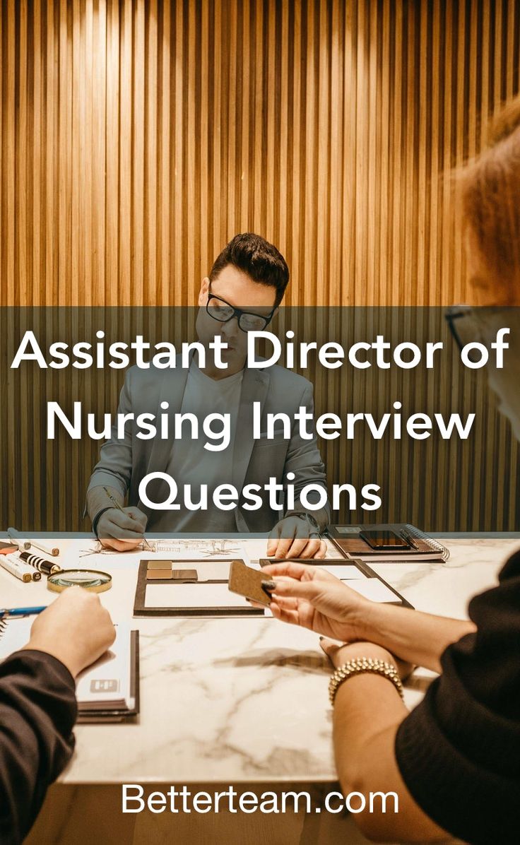 two people sitting at a table with the words assistant director of nursing interview questions on it