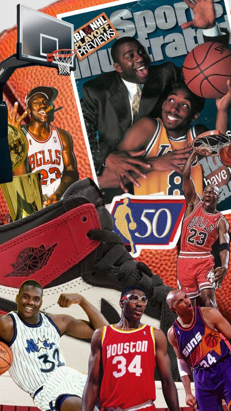 collage of basketball players with sports illustrated on the backgroung and red shoes