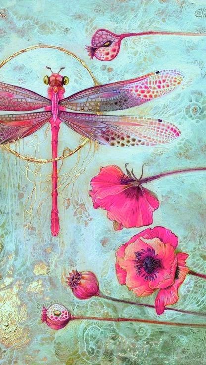 a painting with pink flowers and dragonflies on it