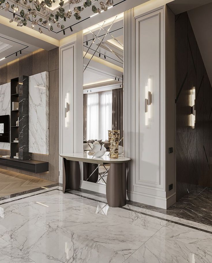 a large room with marble floors and walls