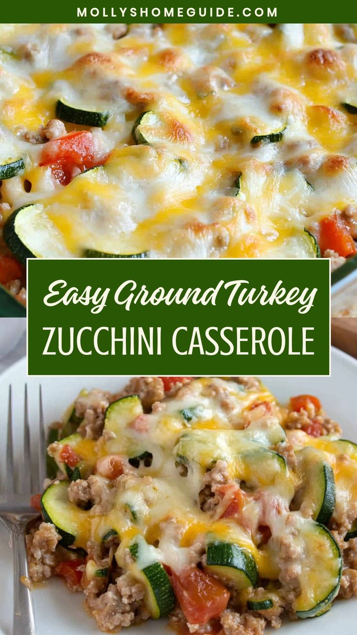 an easy ground turkey zucchini casserole is shown with the title above it