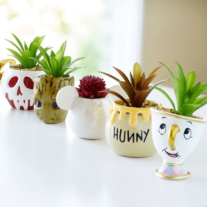 four ceramic pots with plants in them sitting on a table