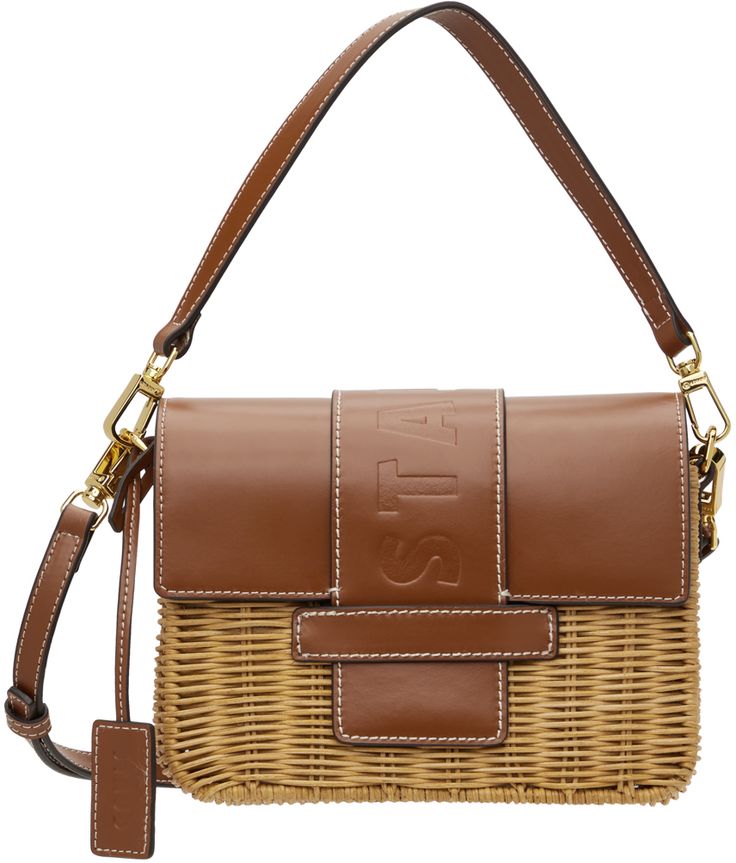 Structured hand-woven wicker shoulder bag in beige. · Buffed leather trim throughout · Detachable carry handle · Adjustable and detachable crossbody strap · Detachable leather logo tag at side · Logo embossed at tab-slot flap · Patch pocket at interior · Linen hopsack lining · H6 x W7.75 x D2.5 Supplier color: Natural Luxury Rectangular Straw Bag With Detachable Strap, Luxury Leather Straw Bag With Detachable Strap, Designer Shoulder Bag With Braided Handles For Spring, Luxury Leather Straw Bag For Spring, Luxury Staud Bags With Detachable Strap, Designer Rectangular Straw Bag With Detachable Handle, Designer Straw Crossbody Bag For Travel, Designer Crossbody Straw Bag For Travel, Staud Shoulder Bag With Leather Handles