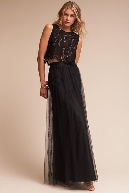 Black Cleo Top | BHLDN Two Piece Bridesmaid Dresses, Skirt Pattern Easy, Bridesmaid Look, Bridesmaid Separates, Tulle Skirts Outfit, Skirt Tulle, Tulle Skirt Black, Lace Top Dress, Long Maxi Skirt