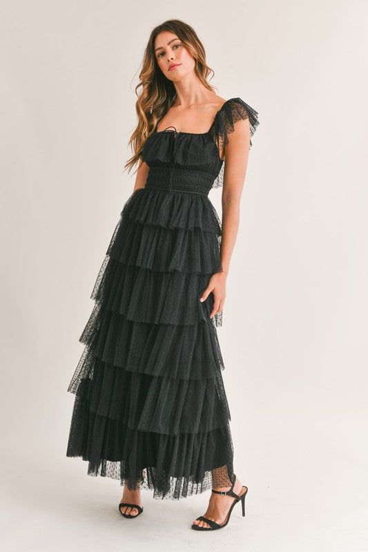 Swiss Dot Mesh Tulle Maxi Dress Sleeveless Ruffle Shoulder Detail Lined Recital Dress Voice, Hippie Formal Dress, Ruffle Dress Formal, Boho Prom Dresses, Ruffle Bridesmaid Dress, Funky Formal, Ruffled Prom Dress, Black Tie Dress Wedding, Tiered Tulle Dress