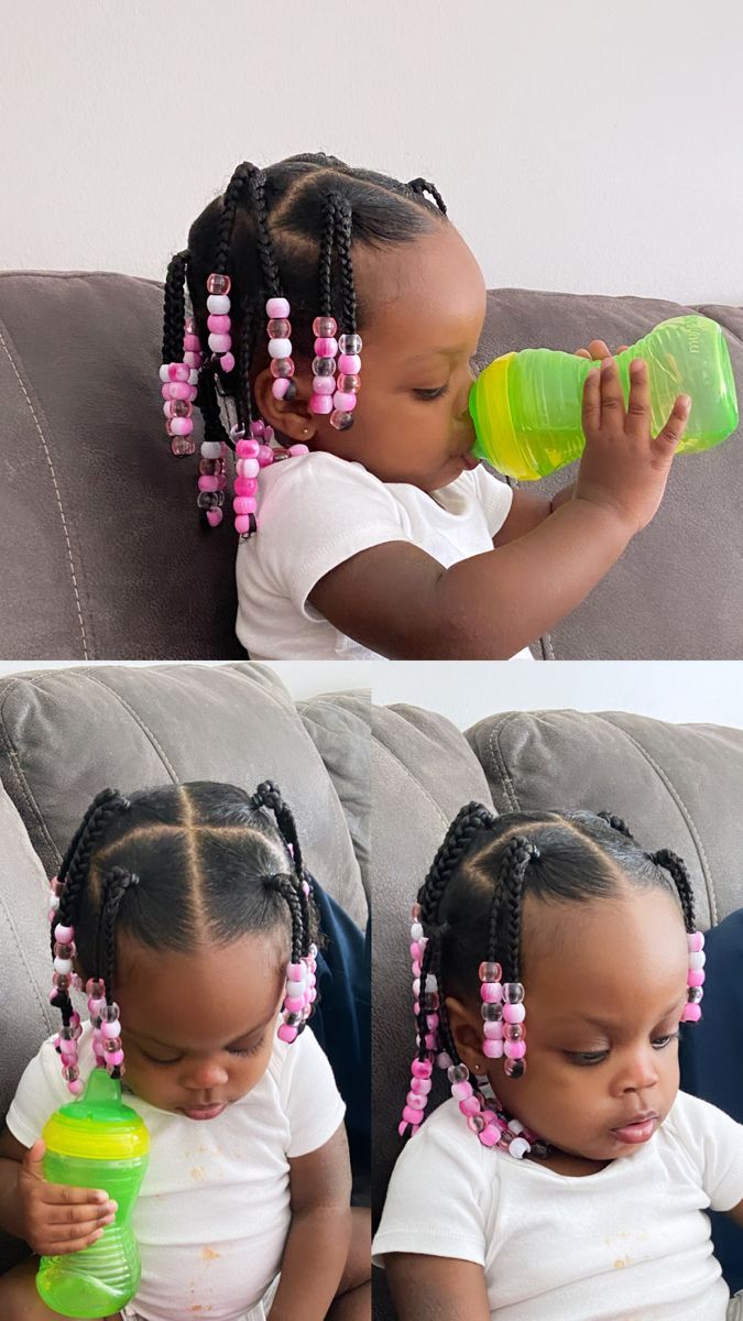 Braid Style With Beads, Toddler Hairstyles Girl Natural Hair, Toddler Hairstyles Girl Black With Beads, Baby Hairstyles Girl Black Braids, Easy Toddler Braids African American, Hair Styles With Beads Kids, Babies Hairstyles Girl Black, Kids Beaded Hairstyle, Little Mixed Girl Hairstyles Easy With Beads