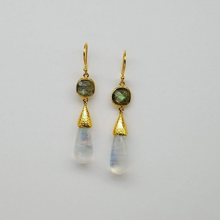 LABRADORITE MOONSTONE SPINEL EARRINGS Elegant Drop Labradorite Jewelry, Drop Moonstone Earrings With Natural Stones, Elegant Moonstone Earrings With Natural Stones, Elegant Moonstone Drop Earrings, Elegant Labradorite Drop Jewelry, Elegant Moonstone Earrings With Gemstone Accents, Teardrop Moonstone Earrings With Gemstone Accents, Handmade Yellow Gold Moonstone Earrings, Labradorite Gemstone Earrings