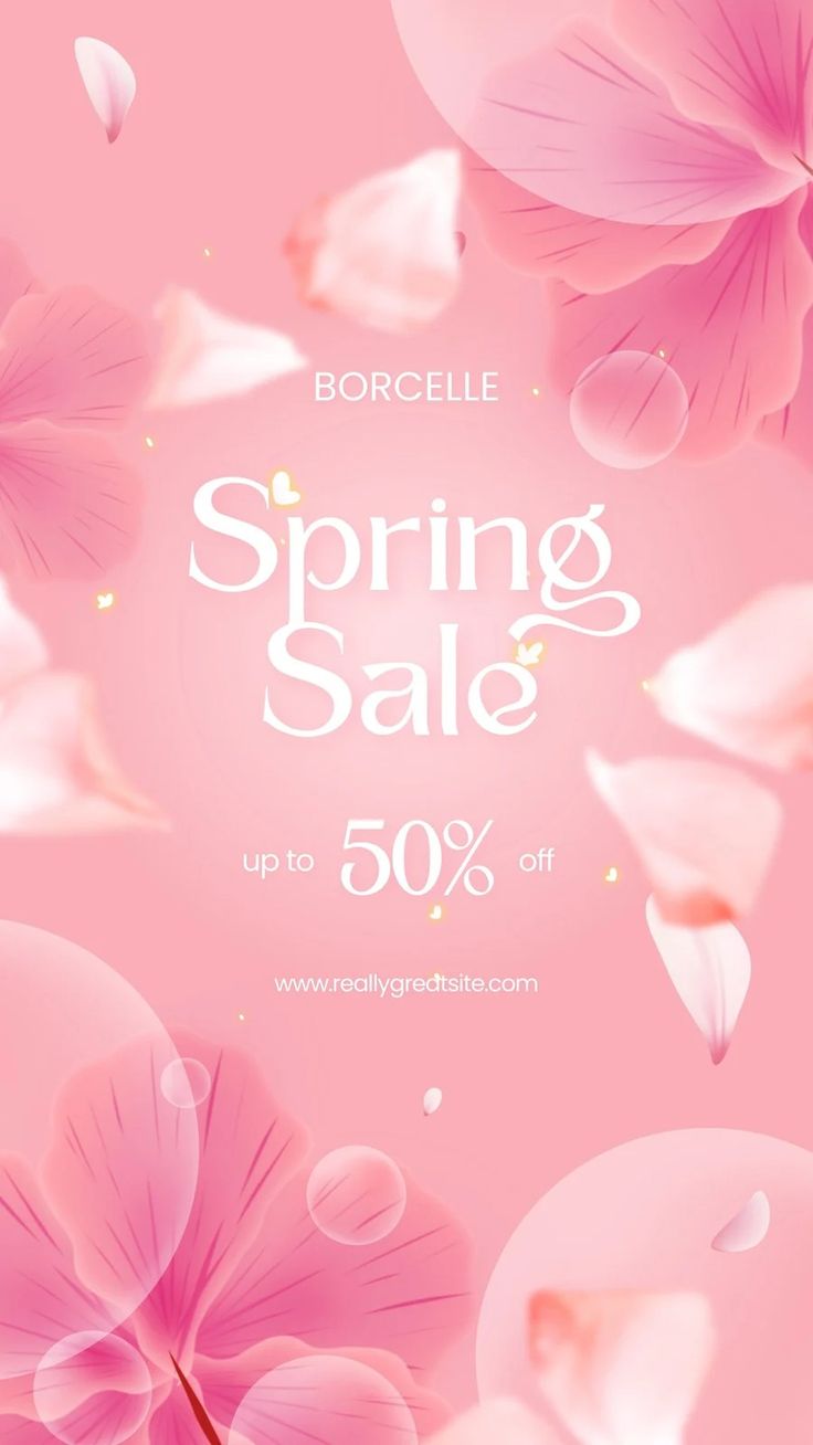 a pink background with flowers on it and the words spring sale up to 50 % off