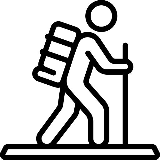 a black and white image of a man with a backpack walking on a treadmill