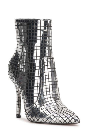 A pointy toe and stiletto heel balance a statement-making bootie fashioned with a side zipper for easy entry. 3 3/4" heel 5" shaft Side zip closure Textile or synthetic upper/synthetic lining and sole Imported Silver Heeled Boots With Round Toe For Night Out, Silver Heeled Boots For Fall Night Out, Silver Heeled Boots For Night Out In Fall, Silver High Heel Boots For Night Out, Metallic High Heel Boots For Evening, Fall Silver Heeled Boots For Night Out, Chic Shiny Boots For Party, Silver Heeled Boots With Reinforced Heel For Party, Metallic High Heel Boots For Party