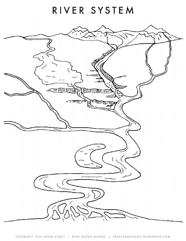 a black and white drawing of a river system with mountains in the background, as well as